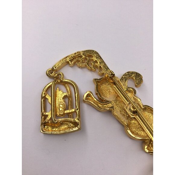 Vintage JJ Jonette Gold Tone Cat & Caged Bird Brooch funny - Picture 5 of 6